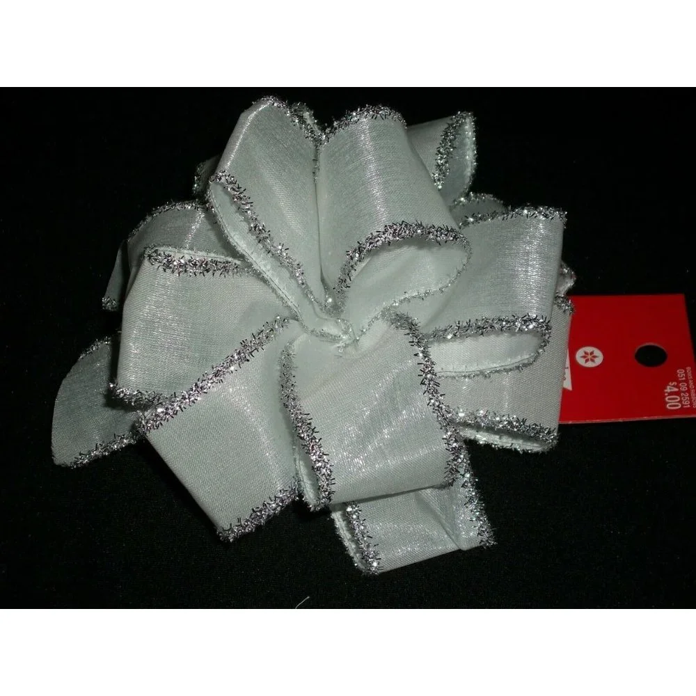 Premium Bow White Silver Tinsel Glitter Shimmer Craft Wreath Decorating Bow